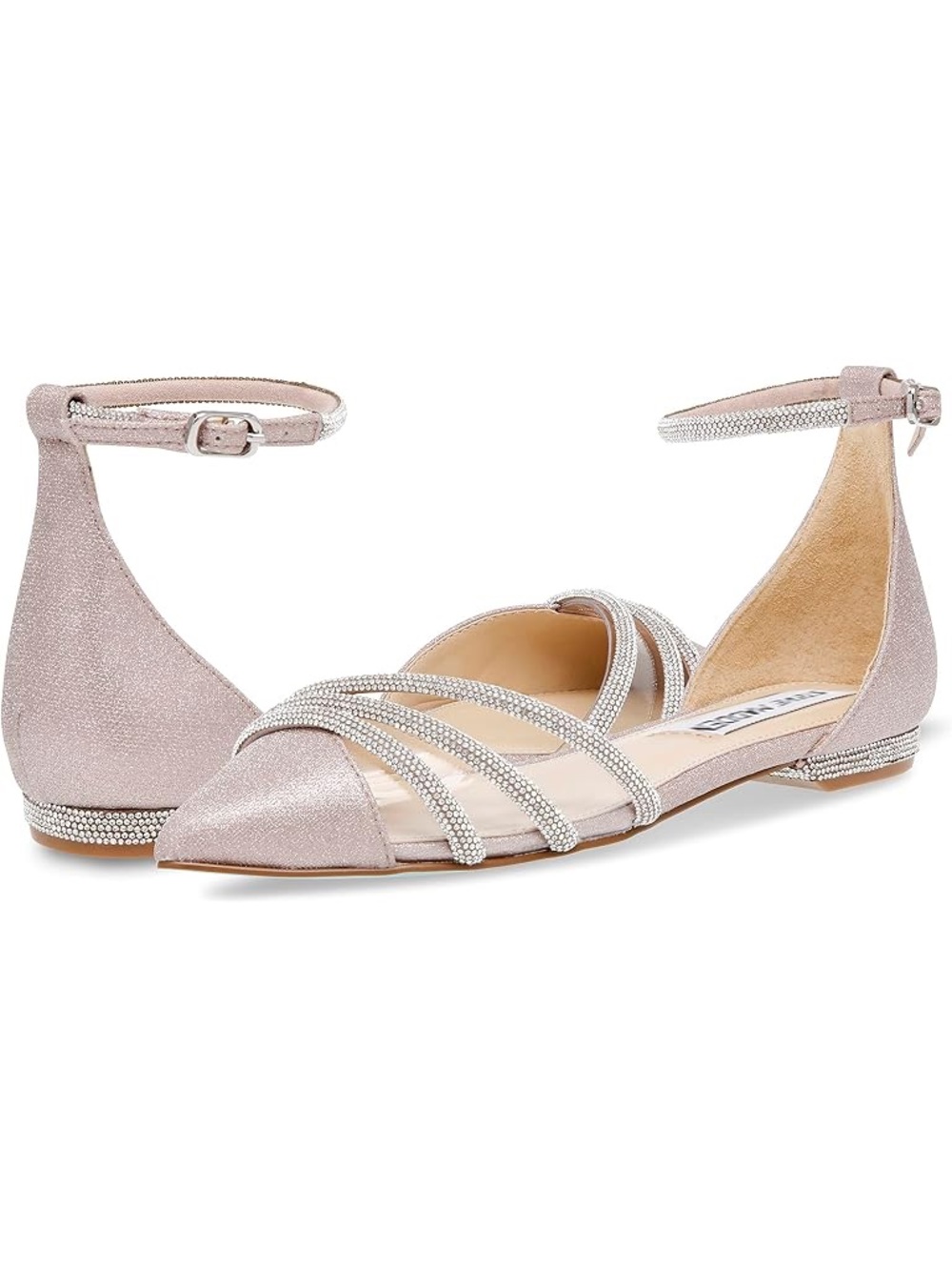 Steve Madden Blush Pink Crystal-Strap Pointed Ankle-Strap Flats